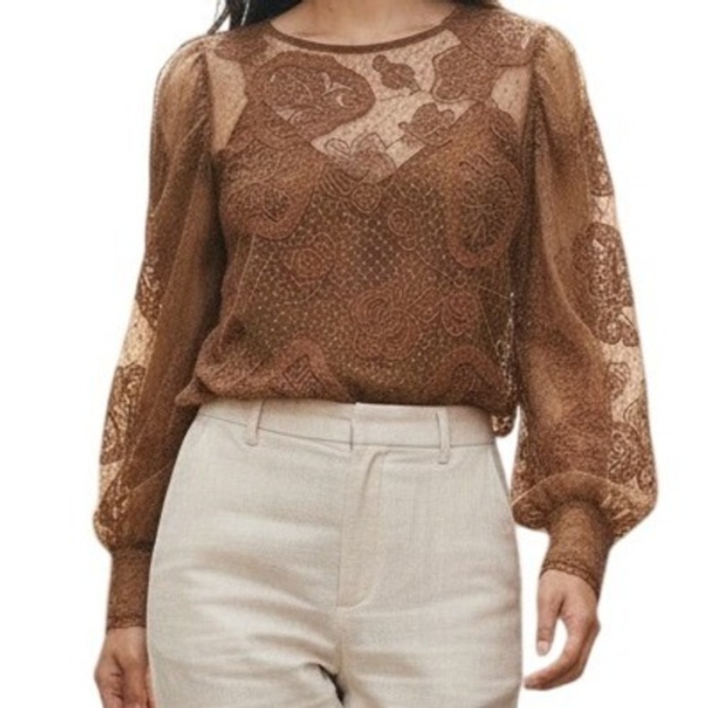 EXPRESS Cognac Brown Floral Lace Mesh Balloon Sleeve Blouse With Tank EUC Medium